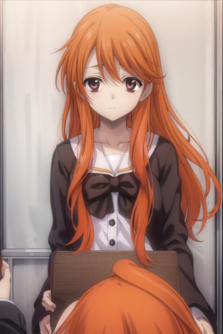 yuuashikaga, <lora:yuuki ashikaga-lora-nochekaiser:1>,
yuu ashikaga crossdress, long hair, bow, collarbone, (brown eyes:1.5), (orange hair:1.5), bowtie, red bow, school uniform, long sleeves, white collar,
BREAK ,
BREAK indoors,
BREAK looking at viewer, (cowboy shot:1.5),
BREAK <lyco:GoodHands-beta2:1>, (masterpiece:1.2), best quality, high resolution, unity 8k wallpaper, (illustration:0.8), (beautiful detailed eyes:1.6), extremely detailed face, perfect lighting, extremely detailed CG, (perfect hands, perfect anatomy),