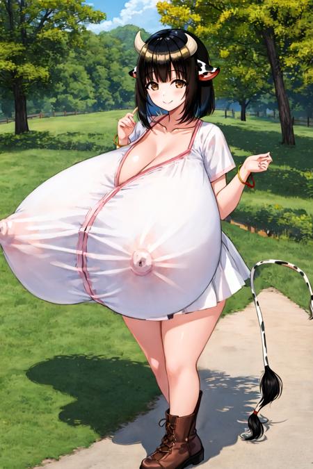 cow maiden \(maoyuu\), bob cut, hyperbreasts, (gigantic breasts), looking at viewer, smile, white shirt, cow horns, cow tail, cow ears, white skirt, covered nipples, white skirt, full body, brown boots, miniskirt, <lora:CowMaiden2:0.6>, <lora:hyperfusion_213k_32dim-LoCon-epoc6-v5:1>