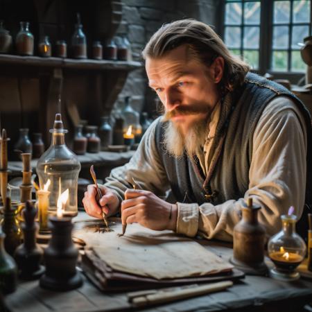 highly detailed analog photo of lab assistant working in a medieval laboratory,

solo, 1boy, male focus, indoors, blurry, vest, window, depth of field, facial hair, bottle, beard, mustache, candle, old, old man, paintbrush, fantasy, fire, scroll, spoon, table, plant, quill,  (realistic:1.3), (medieval laboratory:1.1), (professional lighting:1.2)

masterpiece, best quality, 8k,
motion blur, intricate details, depth of field,

(analogue photography:1.1),
(shadow play:1.4),



