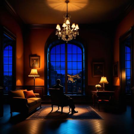 Ultra realistic color pencil  image of
a window at night, looking in on a living room, where the silhouette of a man sitting on a chair, under a chandelier can be seen. The window is broken up into smaller windows by muntins. (seen from the outside), 
BREAK
Dark theme, dynamic lighting, (soft shadows), (soft focus), (photo realistic), uhd, 8k