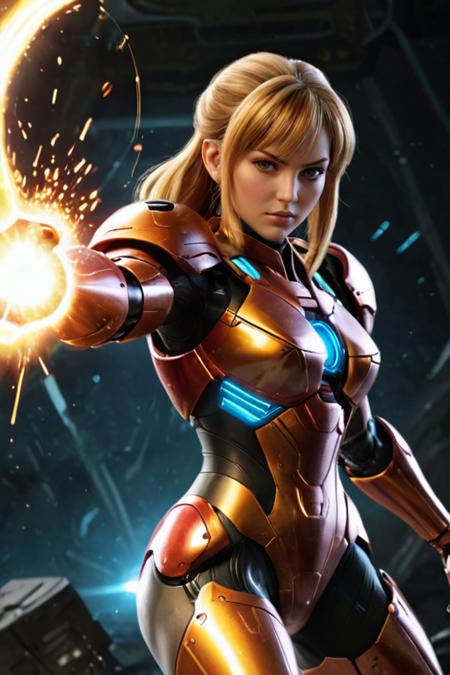 6w movie screenshot of samus in dynamic pose ready for battle, science fiction, ultra detailed, hd, energy effects, sparks, cgi style marvel comic style, artgerm style, realistic, fine details, hyperrealism