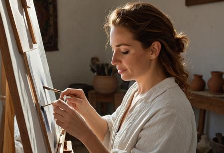 *A hyper-detailed candid Híper realistic (8K) portrait of a 38-year-old woman with sun-kissed olive skin and auburn waves loosely tied back, her freckled nose catching the light. She stands at an easel in a sunlit studio, one hand holding a paintbrush, the other wiping a smudge of ochre pigment from her linen smock. Laugh Lines crinkle as she squints at her canvas, lips parted in concentration. The background blurs into muted earth tones—clay pots, dried brushes, a draped kilim rug. Shot on a Nikon Z8 with a 50mm f/1.2 lens, highlighting her chin scar, flyaway hairs, and the texture of her ink-stained fingers.*