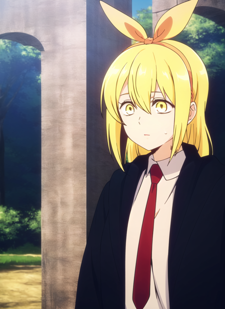 mashle <lora:mashle_offset:1.3>, masterpiece, best quality,1girl, blonde hair, necktie, yellow eyes, long hair, meme, red necktie, ribbon, outdoors, hairband,  hair between eyes, shirt, hair ribbon