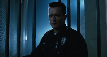 cinematic film still of  <lora:Terminator 2 style:0.8>
In the 1990's T1000 Robert Patrick a man in a black uniform police shirt is behind bars walking by bars,penetrating bars,antagonist,serial killer,psychopath,cool light,1girl,short hair,1boy,sitting,monochrome,blood,night,blue theme,fence,chain-link fence , cinematic color, contrast, filmic, science fiction themed, action themed, cinematic look, dramatic light, dramatic shadow light, realistic, realism, perfection, perfect, Kodak, Kodak film, movie still, Terminator style, The Terminator 1991 Film style, shallow depth of field, vignette, highly detailed, high budget, bokeh, cinemascope, moody, epic, gorgeous, film grain, grainy