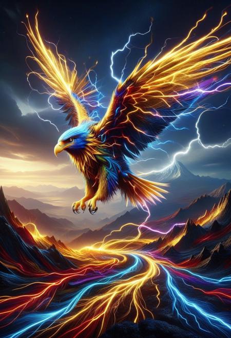 lthndrtrl, photorealistic, aidmamj6.1, made of golden and blue and red and yellow and purple lightning thunder trails, lthndrtrl, 
Powerful eagle soaring above a mountain range,sharp talons outstretched, intense gaze, wind rushing through its feathers, ultra-realistic photo, 8k resolution, best quality, masterpiece, realistic, detailed, cinematic lighting, sharp focus, lightning thunder trails, lava fields