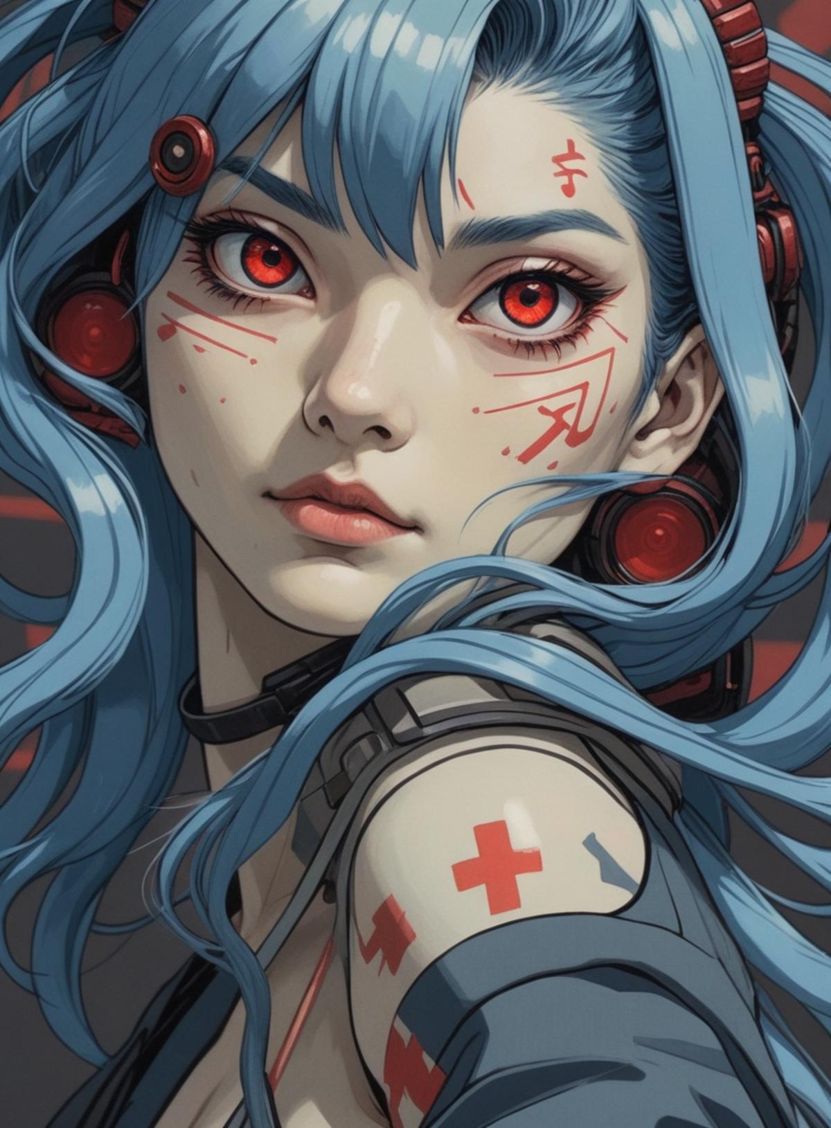 Artistic drawing of a woman with blue hair, red eyes, and a cross tattoo on her arm.