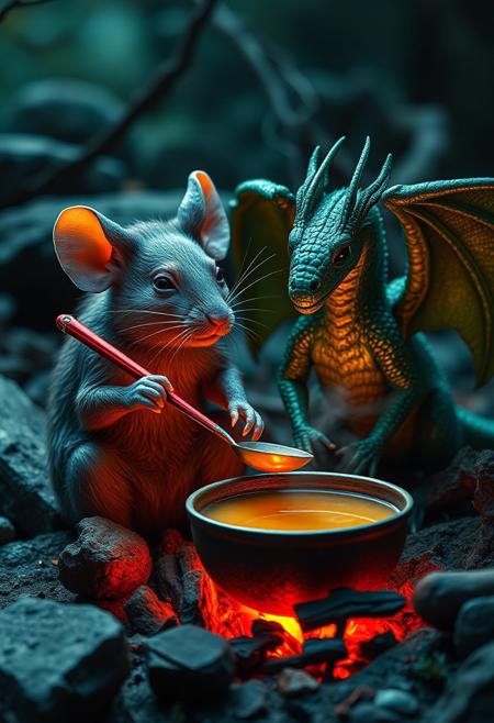 surreal VFX, nano-rat stirring broth on a campfire with a steel red spoon, sitting with the  green nano-dragon with dark green wings seen under an electron scanning microscope, with details, vivid colors