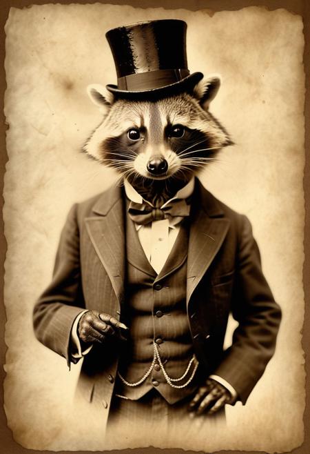 dapper anthropomorphic raccoon, top hat and monocle, in the style of olan mills photography, 1920's style photograph, sepia tone, damaged photograph printed on parchment paper, dirty photograph