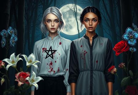In a moonlit forest clearing that evokes a cathedral’s sacred ambiance, two young women in their early twenties stand in striking contrast. The first girl, with silver-white hair and a ghostly pale complexion, wears a white blouse stained with dark red splatters, reminiscent of a sacred garment marred by a symbolic event. The blouse accentuates her graceful figure, with a black five-pointed star on her chest glowing faintly, adding an aura of mystical serenity.
The second girl contrasts sharply with jet-black hair and deep tan skin. Her dark blouse, also blood-stained, fits snugly and reflects a solemn dedication. Her nearly invisible black star and intense crimson eyes convey a piercing reverence.
Surrounding them are twelve symbolic floral elements. Four majestic white lilies bloom with a celestial glow, suggesting purity. Nearby, delicate blue orchids with iridescent hues contrast with the darkness, evoking tranquility. Bright red roses, intensified by moonlight, add profound beauty, while large, dark calla lilies with crimson centers contribute to the scene’s sacred, ethereal quality.
The girls hold a single worn cardboard sign reading ‘We Come in Peace,’ scrawled in crude black marker. The sign stands starkly against the moonlit forest floor, illuminated by the soft light that casts gentle, shifting shadows, enhancing the tranquil, reverent atmosphere of the setting