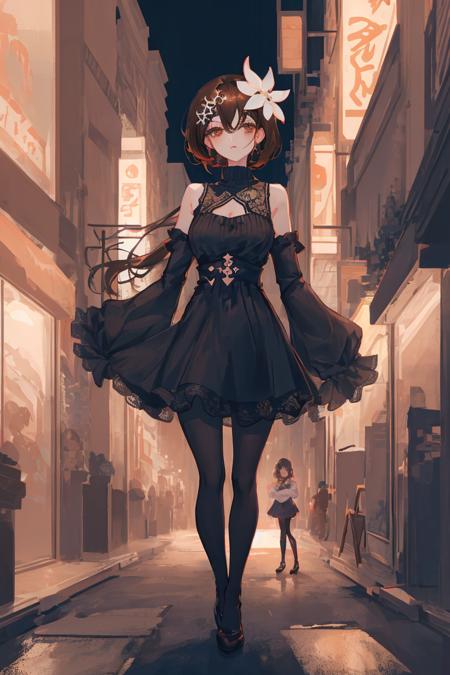 style\(lofiDark\),girl, beautiful face, [ sweater: long dress: 15], makeup, holding up one hand, cutout sleeves, pantyhose , hair ornament, detailed eyes, brown eyes, ultra detailed, illustration, cafe , street, full body, walking <lora:MixLoFi_style_v1.0:0.7>