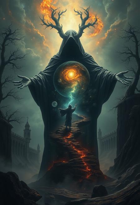 A universe inside a dark cloaked figure within mysterious landscape in an unfathomable realm of fantastic creation inhabited by ancient shadows of a forgotten time beyond the gate of the gateless gate where life is limitless, light is shadow and shadow is light, eerie sense, horror, spark of the beginning, existence and nonexistence at once, ethereal, outstretched arms, behold the end of the beginning, inglorious glory to the dark one, betrayal of the ancient order, beware the 7headed beast, destroyer of the old ways, bearer of the unbearable, nightmarish, archaic runes, tree aging backwards