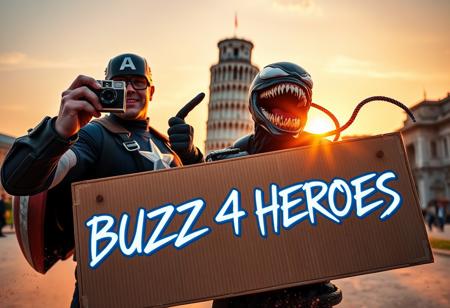 Marvel icons, Captain America and Venom, caught in an epic moment as they take a high-energy selfie in front of the majestic Leaning Tower of Pisa. Captain America, with his signature shield strapped to his back, holds a vintage Kodak MC3 camera, perfectly capturing the action. Venom, mid-laugh, flashes a chaotic grin while extending a swirling tendril around Cap’s shoulder for a playful pose. In the foreground, a sleek, futuristic cardboard sign that reads ‘BUZZ 4 HEROES’ glows with neon, graffiti-inspired text, surrounded by holographic accents. The Leaning Tower looms in the background, framed by a brilliant sunset casting dramatic shadows, adding a cinematic flair to this superhero showdown-meets-tourist moment. Dust swirls around their feet, adding movement to the scene as if it were frozen in time at the height of their wild adventure