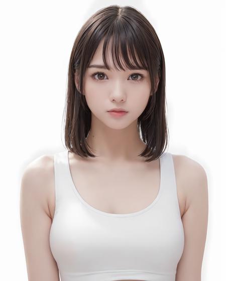 best quality, photorealistic, 8k, high res, 1girl, woman, (skindentation), (portrait:0.6), gorgeous, ((whitebackground, sport tanktop, small breast:1.65)), (short straight hair, parted bangs:1.6), looking at viewer,  (1girl eyes looking at viewer:1.6), photorealistic, (bokeh), (floating hair, closed mouth:1.3), gorgeous, pureerosface_v1:1, <lora:grav-nono:0.45>