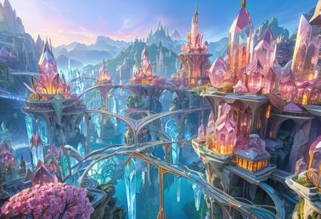 Floating crystal city, fluroite city, aerial view, futuristic cityscape, floating city, large city, busy city, multiple levels,  crystal-like architecture,  tall spires, many tall crystal structures, (crystal towers:1.2), glowing structures, (fluorescent crystal buildings:1.5), floating islands connected by bridges, (crystalline bridges:1.2), (crystal bridges:1.4), (waterfalls with glowing effects:1.2), stylized trees, (pink flowering trees:1.2), digital art, fantasy style, high detail, vibrant lighting, (atmospheric lighting:1.2),  detailed architecture, intricate design, wide-angle shot, (aerial perspective:1.2), (glowing crystal caverns:1.2), serene atmosphere, magical, detailed cityscapes, beautiful, scenic, (detailed crystal formations:1.3), fantasy city,  detailed landscape, vibrant colors,  detailed textures,  digital painting,  fantasy art,  (floating island design:1.2), (city architecture:1.3),  (mountain ranges:1.1),  (green valleys:1.1), (sunset:1.2),  (vibrant color palette:1.2), 8k resolution,  epic scale, landscape painting,  detailed city environment,  floating islands,  floating city, composition, scenic view, (ethereal:1.5), gorgeous, masterpiece, crystal, fluorite, (art nouveau style architecture:1.5).