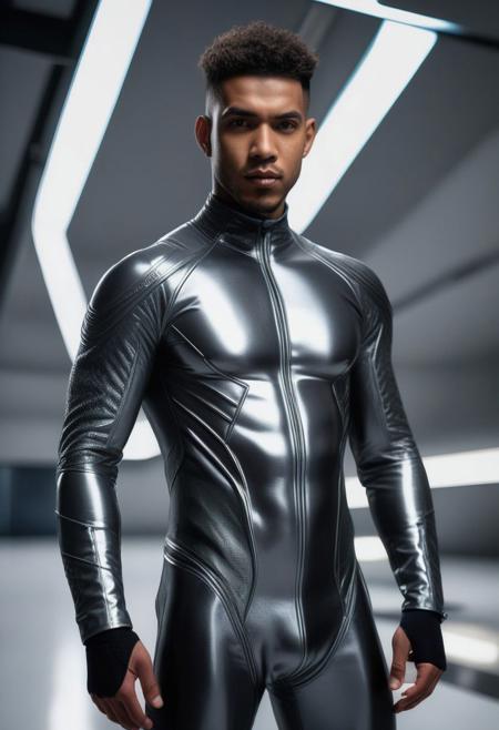 a strong 24-year-old brazillian male with brown skin, with undercut hair, glazed face, ((((((hypnotized expression)))))), wearing a skin tight latex jockstrap over his latex suit, wearing a skin tight gray latex cybernetic suit with dark-gray and silver latex details, standing at attention posture,  inside a modern university futuristic  classroom, looking to the camera, detailed face, Cinematic, Photoshoot, Shot on 25mm lens, Depth of Field, Tilt Blur, Shutter Speed 1/1000, F/22, White Balance, 32k, Super-Resolution, Pro Photo RGB, Half rear Lighting, Backlight, Dramatic Lighting, Incandescent, Soft Lighting, Volumetric, Conte-Jour, Global Illumination, Screen Space Global Illumination, Scattering, Shadows, Rough, Shimmering, Lumen Reflections, Screen Space Reflections, Diffraction Grading, Chromatic Aberration, GB Displacement, Scan Lines, Ambient Occlusion, Anti-Aliasing, FKAA, TXAA, RTX, SSAO, OpenGL-Shader s, Post Processing, Post-Production, Cell Shading, Tone Mapping, CGI, VFX, SFX, insanely detailed and intricate, hyper maximalist, elegant, dynamic pose, photography, volumetric, ultra-detailed, intricate details, super detailed, ambient