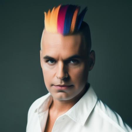 analog style, modelshoot style, portrait of sks man by Flora Borsi, style by Flora Borsi, bold, bright colours, rainbow Mohawk haircut, ((Flora Borsi)),  <lora:larr3ta-10:1>