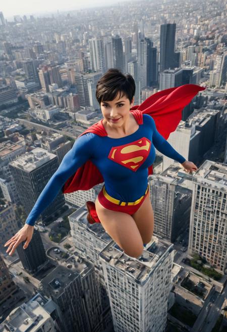 a 40yo  attractive  woman in a superman costume flying over a city, promotional images, black hair, (short pixie cut hair:1.2), hyper real highly detailed, chest covered, episode, cell bars, the character is a woman, restored colors, idol, ultra realistic, soft lighting, 8k, seductive smile, broad shoulders, extremely muscular and voluptuous body, round breasts, breasts together, Hand, detailed, perfect, perfection, hands, (muscle expansion:1.4)