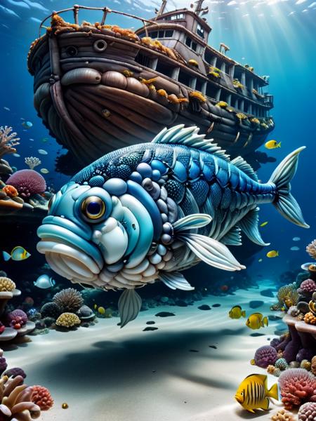 balloonz, balloons, made out of balloons, fish, balloon fish, swimming in the ocean, ship wreck on sea floor <lora:balloonz-sdxl:1>