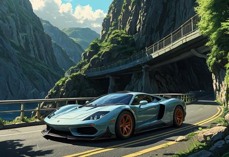 (studio ghibli digital drawing), best quality, masterpiece, extremely detailed,  professional  art,  professional painting, an extremely delicate and beautiful, dynamic,  great lighting, perfect shading, professional shading, depth of field,   side soft light, elegant, gorgeous, highly detailed,   full shot, uncropped,   pure genious, absolutely perfect,  highly detailed, breathtaking, classig sports car, powerful and brutal, retro futuristic, dynamic turn around a corner, beautiful coastal road,