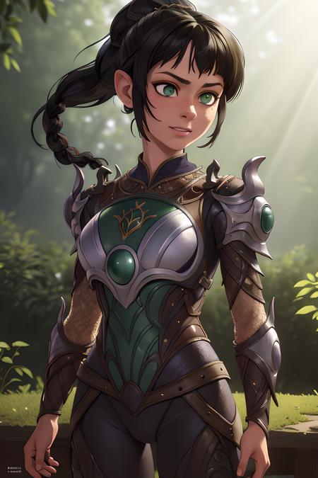 Masterpiece, best quality, absurdres, high res, intricate detail, high detail, cinematic lighting, fantasy 1girl, supermodel, shadowheart, black hair, braided ponytail, green eyes, extra detailed eyes,
upperbody, armor, move, light rays from top, shining eyes, forest
<lora:Shadowheart__Baldurs_Gate_3:0.6>, illustration of a anime girl imagination, hyperrealistic photo by Seebas Apterus and Larry Bell art, blending, smooth, detailed expressions, artstyle, detailed eyes, HDR, UHD, 64k, RTX, sharp, sharp focus, highly detailed, intricate detail, professional, artistic flow, ultra detailed, high resolution photography, (bright colors)