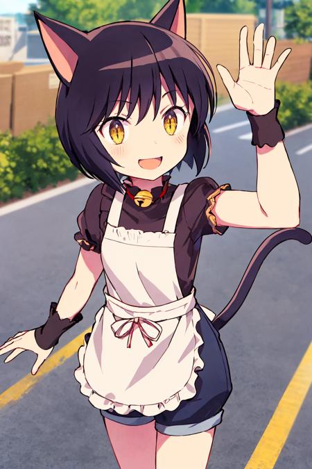 (masterpiece_1.3), (best quality_1.2),kuronekosuzu,1girl,solo,looking at viewer,petite,small_breasts,animal ears,cat ears,black hair,short hair,cat girl,bell,tail,cat tail,yellow eyes,slit pupils,neck bell,smile,outstretched_arms,winter_coat winter_clothes trench coat earmuffs  <lyco:GoodHands-beta2:0.5>   <lora:20_kuronekosuzu-000002:0.8>