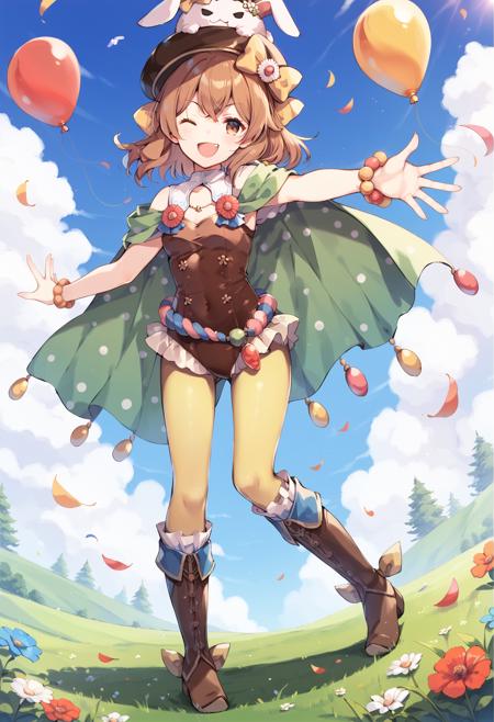 spring delthea hat,hair bow,cape,leotard,bead bracelet,waist rope,pantyhose,rabbit on head,boots