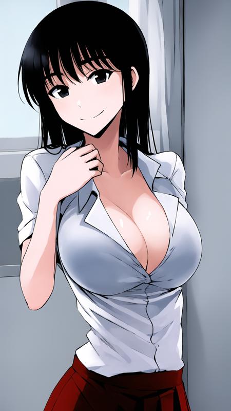 suou_mikoto, 1girl, solo, long hair, large breasts, black hair, black eyes, skirt, cleavage, white shirt