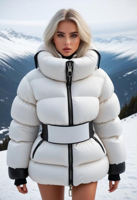high tech mad science mind-control collar, ziped up oversized thick sherpa padded puffer coat with large turtleneck, With Having Her Entire Neck Covered In Thick Padded Neck Brace, very cold, puffer skirt, full body, winter, snow, mountains, 1girl, masterpiece, detailed face, detailed eyes, beautiful detailed eyes, sidelighting, super detail, hyper detail, intricate_details, detailed, looking at viewer, very detailed face, Blonde hair, white hair, absurdly long hair, hair between eyes, straight hair, green eyes, put your hair behind your ears, eyelashs, eyeliner, eye shadow, wet hair, sweat, white skin, Angry face, blush, padded cuffs, padded collar, Thick padded cuffs, Thick padded collar, sprawled, bound, bdsm, restrained, cuffs, spread legs,spread arms, <lora:Collar-SDXL:0.6>, <lora:Cuffs-SDXL:0.6>, <lora:Puffer_Jacket_and_Down_Jacket_-_Extra_Puffy_Jackets:0.6>, <lora:puffer_skirt_v1:0.6>