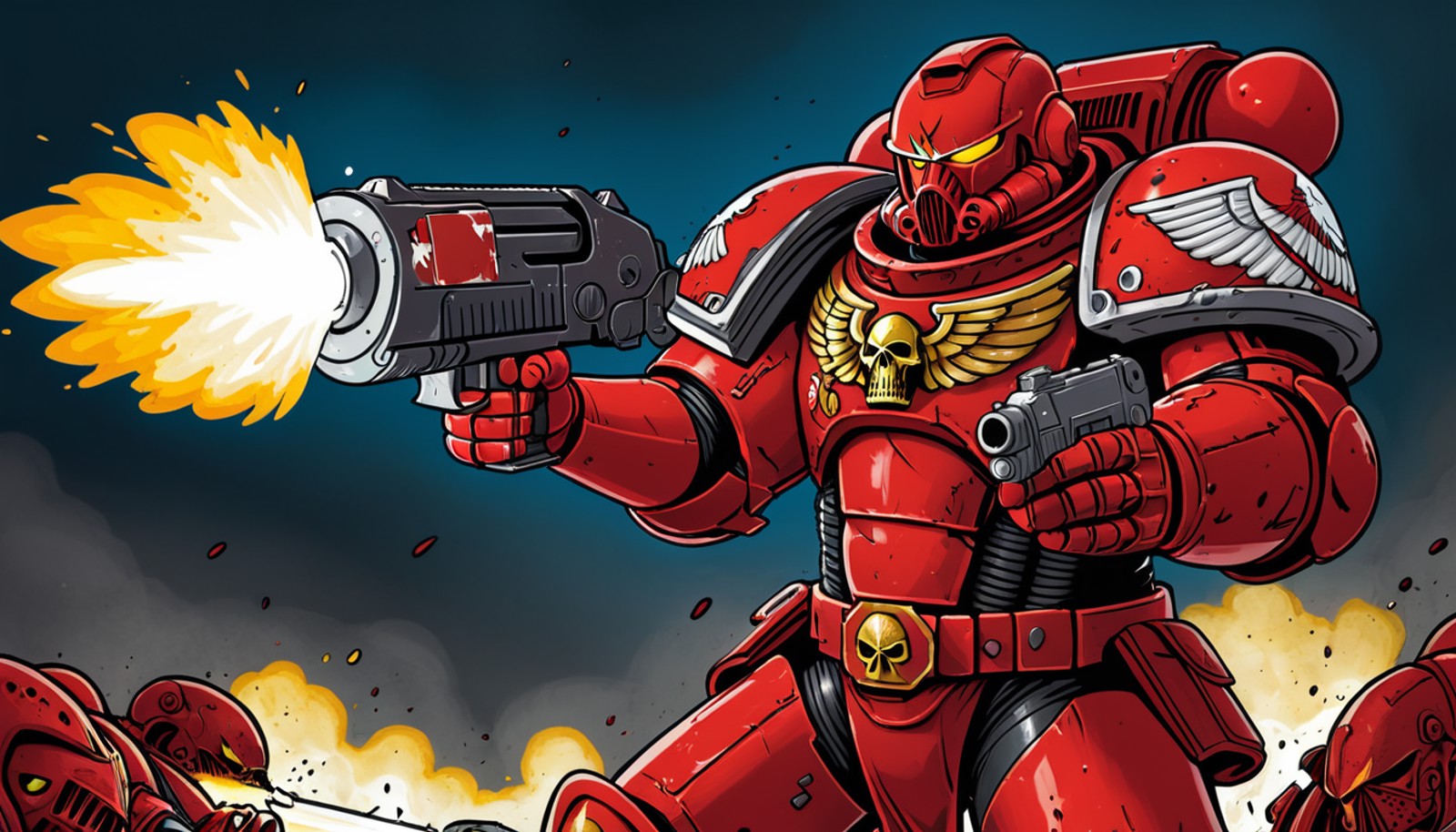 (digital illustration), Blood Angel Space Marine, Red Power Armor, holding bolter, heroic pose, dynamic composition, cente...