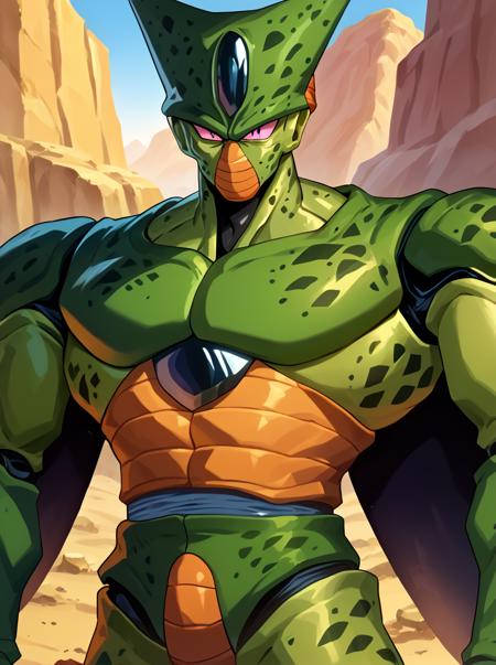 green skin villain evil imperfect cell dragonball z android indomitable green body 1boy male focus solo fingerless gloves tail looking at viewer sky colored skin day outdoors upper body blue sky simple background standing no humans border