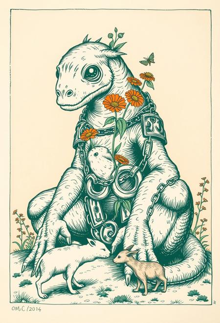 A screen print artwork in a green and orange bichromy. Inkstyle old engraving, paper texture, chained giant creature sitting looking down, plants and flower growing up in his body, curious animals sniffing near,
