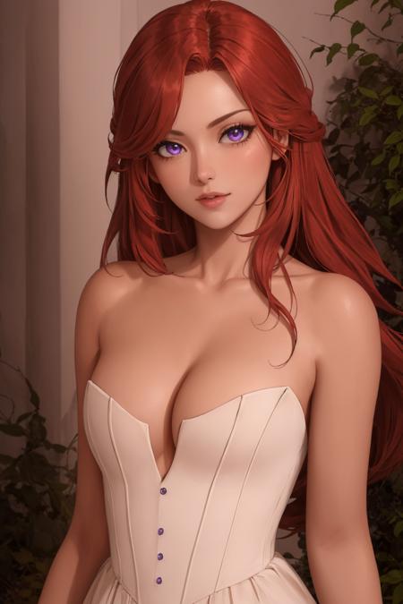 woman, adult, solo, skinny,
long red hair, purple eyes, beige dress, small breasts, 
(high quality), (best quality), (detailed), perfect lighting, detailed face, detailed body, <lora:Dress07:0.8>