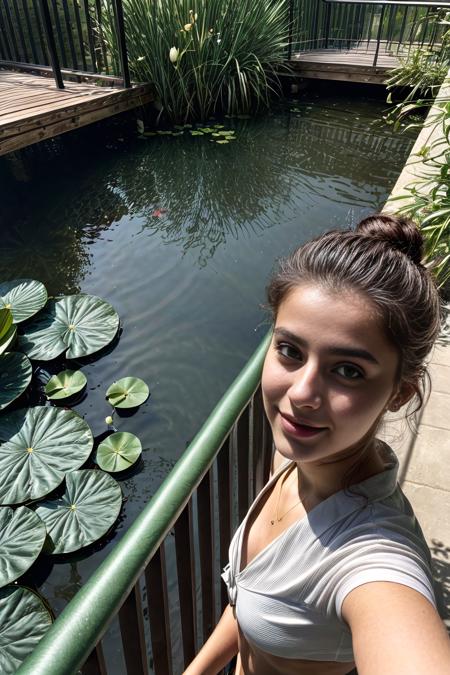 (ffc selfie), (pov selfie photo) ,(Syrian (21yo woman) (Alice Zoe)), Leaning over a balcony or railing, looking up with a romantic or yearning expression, hard shadows, cinematic shot, dramatic lighting, (Loose, textured bun), (at A serene lily pad-covered pond),  <lora:add_detail:1.5>,  <lora:ffc selfie:1>, (beautiful hands, five fingers)