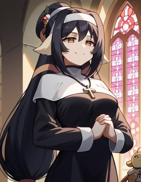 kuon, long hair, black hair, hair ornament, animal ears, brown eyes, very long hair, ponytail, low-tied long hair, medium breasts, tail, robe, long sleeves, capelet, wide sleeves,