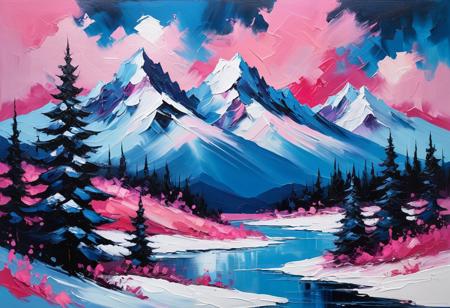 Moody abstract detailed expressionist mountain view with snow and happy little trees inspired by the spontaneous gestures of Bob Ross, Bob Ross style, no humans, blues and pink tones