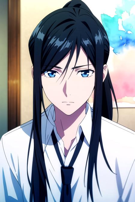 kurou_yatogami black hair blue eyes long hair ponytail