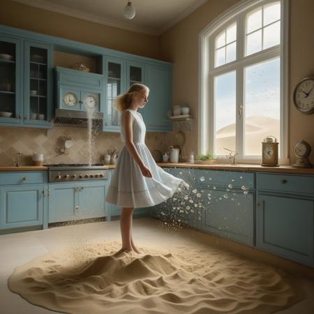 extremely detailed, best quality, masterpiece, photorealistic, 1girl, young, pale skin, confused expression, standing in kitchen, sand flowing from tap, reverse time motif, clocks spinning backwards on walls, underwater world outside window, fish swimming in air, ethereal glow, surreal atmosphere, shadow lagging movements, detached shadow autonomy, flowing dress, realistic texture, dynamic lighting, floating sand particles, kitchen details, cinematic composition, depth of field, soft shadows, hyperrealism, magical realism, dreamlike setting, isolated environment, subtle motion blur, intricate clock gears, aquatic reflections, airborne fish scales, distorted reality
