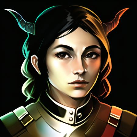 , (masterpiece:1.3), ((best_quality)), (absurdres), 1girl, portrait, simple_background, black_background, <lora:starsector portraits upscaled:0.7>, horns,