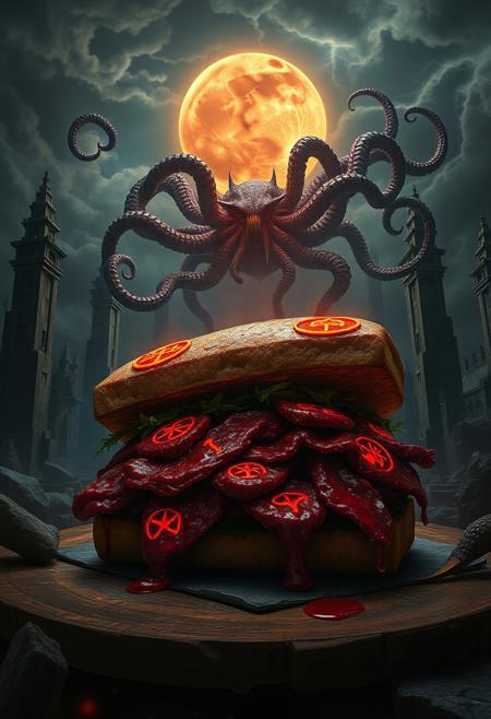 Lovecraftian horror, dark and twisted, eerie atmosphere, broodwich, ancient cursed sandwich, eldritch symbols, tentacles emerging, otherworldly glow, gothic ruins, ominous sky, dark shadows, cosmic horror, cursed artifact, unsettling presence, surreal, detailed textures, dark fantasy, horror elements, unsettling colors, grotesque, cursed object, blood-red meat, glowing sigils, incomprehensible terror, high resolution, ((masterpiece)), twisted humor
