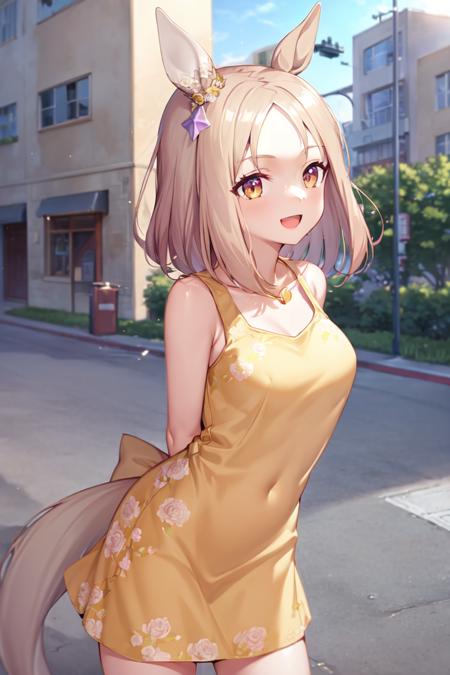 masterpiece, best quality, 
narita top road \(umamusume\),
street, buildings,
smile, open mouth, leaning forward, arms behind back, 
yellow dress, floral print, 
<lora:narita_top_road_loha:0.7>