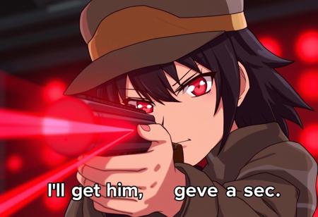 An illustration of an anime or manga-style character wearing a hat and aiming a gun with laser sights. The character has an intense, focused expression, with glowing red eyes suggesting they may be using some kind of special ability or power. The illuminated red sights on the gun and the blurred red lights in the background contribute to a tense, action-oriented atmosphere. The caption "I'll get him, give me a sec." implies the character is pursuing or about to confront someone. The overall style and composition conveys an intense, dramatic moment likely from an action or sci-fi anime, manga, or video game scene.