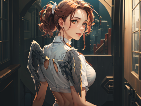 (facing away, looking back, looking at viewer, angel wings:1.5), seductive smile, loving aura,
1girl, (mature female:1.8), (muscular female:0.5)
 <lora:back_wings_locon-000005:1> <lora:back_wings_locon:0>