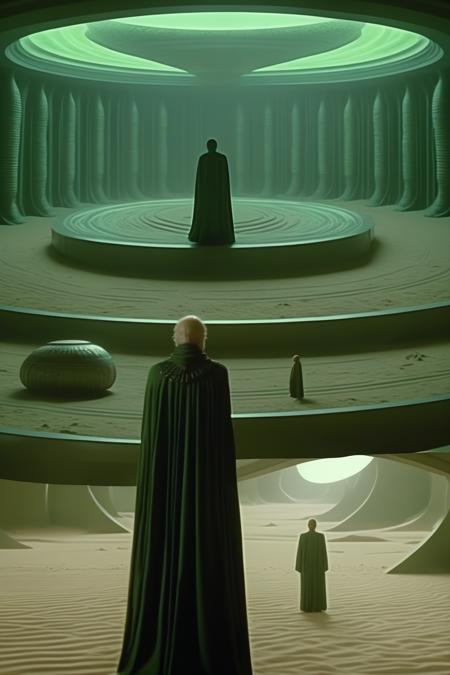 <lora:Director Ridley Scott style:1>Director Ridley Scott style - Stunning movie still from science fiction film, style of dune emperor in middle of room, sand floor, object of worship, robed character sacrified on floor, green color grading, alien architecture, distant future, expansive domed room, enormous space, reverence, oppressive, tense, unsettling, cinematography, dark, extremely detailed, cinematic compisition, moody lighting, hyperrealism, extremely detailed with rich colors Photography, Depth of Field, F 2. 8, high Contrast, 8K, Cinematic Lighting, ethereal light, intricate details, extremely detailed, incredible details, full body, full colored, complex details,Photography, Photoshoot, Shot on 70mm, Depth of Field, DOF, 5D, Multiverse, Super - Resolution, ProPhoto RGB, Lonely, Good, Massive, Big, Spotlight, Frontlight, Halfrear Lighting, Backlight, Rim Lights, Rim Lighting, Natural Lighting, Moody Lighting, Cinematic Lighting, volumetric Light, Rembrandt Lighting, Beautiful Lighting, Accent Lighting, Global Illumination, Ray Tracing Global Illumination, Optics, Materiality, Ambient Occlusion, Scattering, Glowing, Shadows, Rough, Shimmering, Ray Tracing Reflections, Chromatic Aberration, CGI, VFX, SFX, insanely detailed and intricate, hypermaximalist, elegant, ornate, hyper realistic, super detailed, grainy film still