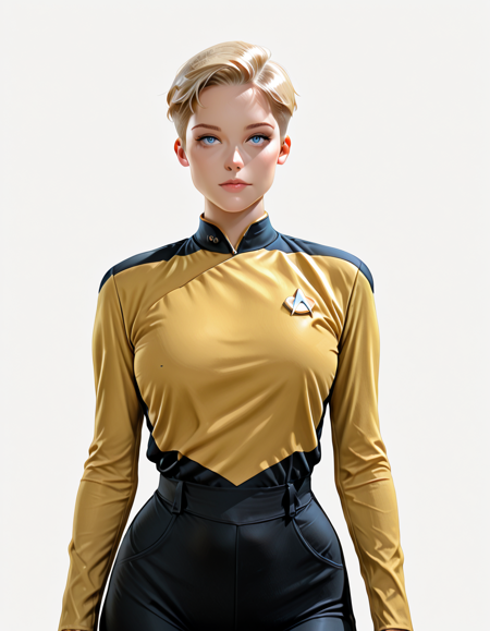 8K,absurdres,very aesthetic,masterpiece,highly_detailed,best_quality,newest,1girl,blonde,black pants,simple background,<lora:Gentlemans_Cut_ILLUSTRIOUS_Classic_Hairstyle:1>,facing viewer,blue eyes,very short hair,yellow uniform,<lora:TNGILLV1:1>,wide hips,realistic,