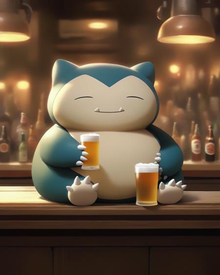 Snorlax sitting behind a bar holding beer.
 <lora:snorlax_v0_2:0.8>