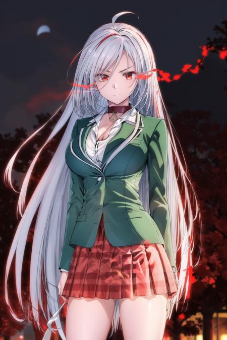 (Red color flaming eye:1.3), Red color eye trail, flaming eye, eye trail,<lora:flamingEyeConcept_flamingEye:0.8>

地点：(Night:1.7), standing on the rooftop,
动作：
服饰：(green_jacket),brown skirt,black legwear, black choker, pantyhose, Deep_cleavage,
角色：<lora:MokaAkashiya-V1:0.7>,
头发：long white hair,glowing_red_eyes,
角色鎖定：
1 girl,Solo, Manga,20yo,mature female,Beautiful Finger,Beautiful long legs,Beautiful body,Beautiful Nose,Beautiful character design, perfect eyes, perfect face,
眼神表情：
looking at viewer, serious,
畫質:
official art,extremely detailed CG unity 8k wallpaper,
(masterpiece:1.0),(best_quality:1.0), ultra high res,4K,ultra-detailed,
photography, 8K, HDR, highres, absurdres:1.2, Kodak portra 400, film grain, blurry background, bokeh:1.2, lens flare, (vibrant_color:1.2)
身材:
(Beautiful,large_Breasts:1.4), (beautiful_face:1.5),(narrow_waist),
Negative prompt: EasyNegative, bad_prompt, bad-artist-anime, bad-hands-5, lowres, bad anatomy, bad hands, text, error, missing fingers, extra digit, fewer digits, cropped, jpeg artifacts, signature, watermark, username, blurry, out of focus, censorship, Missing vagina, Blurry faces, Blank faces, bad face, Ugly, extra ear, amputee, missing hands, missing arms, missing legs, Extra fingers, 6 fingers, Extra feet, Missing nipples, ghost, futanari, Extra legs, Extra hands, panties,pants, (painting by bad-artist-anime:0.9), (painting by bad-artist:0.9), text, error, blurry, jpeg artifacts, cropped, normal quality, artist name, (worst quality, low quality:1.4),
Steps: 27, Sampler: Euler a, CFG scale: 7, Seed: 3076081841, Size: 512x768, Model hash: 3e9211917c, Model: yesmix_v16Original, Denoising strength: 0.5, Hires upscale: 2, Hires steps: 18, Hires upscaler: Latent