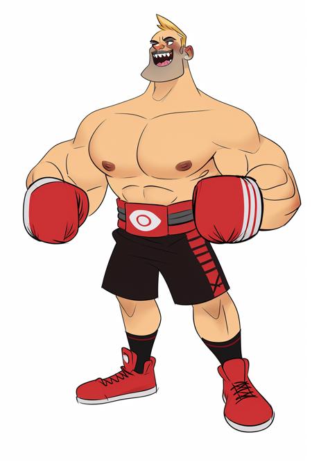 European and American cartoon characters, original character design, hand-drawn drafts, boxing gloves, 1boy, solo, male focus, blonde hair, shorts, red footwear, topless male, smile, red shorts, open mouth, white background, full body, muscular, simple background, socks, standing, teeth, pectorals<lora:oukaV4:1>,