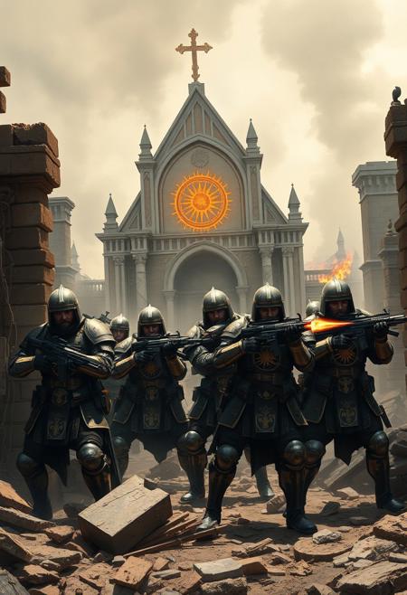 In the midst of a war-torn city, a squad of armored warriors stands firm, defending the Church of the Blazing Sun. Their armor, a blend of medieval craftsmanship and modern combat gear, shines with golden sun motifs, reflecting the divine light from the radiant church behind them. The warriors, armed with powerful rifles and machine guns, brace for the next wave of attackers.
Crouched behind crumbling walls and debris, they keep their guns trained on the advancing enemy forces. Some take position at the church’s shattered columns, machine guns resting on makeshift barricades. Their weapons, marked with the sun's insignia, emit bursts of gunfire as they fire with precision, keeping the enemy at bay.
The church looms large in the background, its blazing sun symbol glowing fiercely amidst the smoke and destruction. Flames flicker in the distance, casting long shadows over the warriors as they stand united, their devotion unwavering. With disciplined movements and sharp coordination, they prepare to defend the sacred ground from being overtaken.
As the battle rages, the warriors' rifles echo through the broken streets, a symbol of their enduring resolve to protect the Church of the Blazing Sun against the chaos surrounding them.