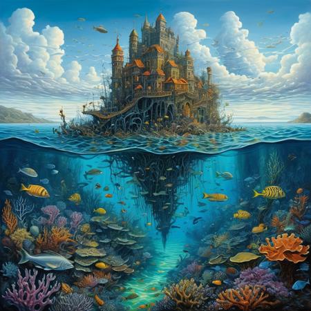 Based on painting called "Find" by Tomasz Setowski. Paint a city in the middle of the sea where part is underwater and part over the water. Fantasy, surreal. (Use Dream Diffusion Secret Prompt). vibrant, award-winning, professional, highly detailed