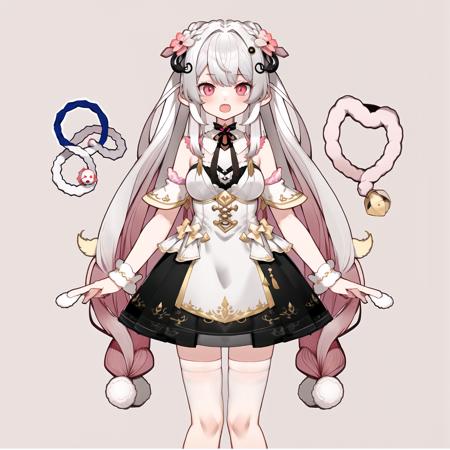 white background, live2d, Leg rings, pink leg rings, white stockings,  vtuber, standard standing posture, 1girl, solo, thighhighs, virtual youtuber, breasts, full body, detached sleeves, long hair, open mouth, dress, hair ornament, simple background,Leg rings, pink leg rings, white stockings, <lora:yijiang3.0:1> <lora:GoodHands-vanilla:1>